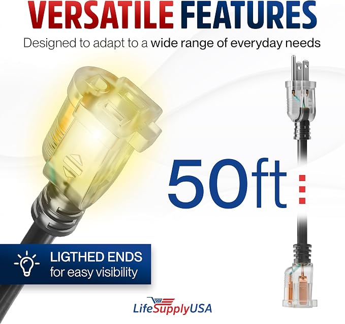 50ft Outdoor/Indoor Extension Cord 12/3 Gauge Extra Heavy Duty 3 Prong SJTW, Waterproof, Flexible Cold-Resistant Long Power Cord,15A 125V 1875W, Black by LifeSupplyUSA