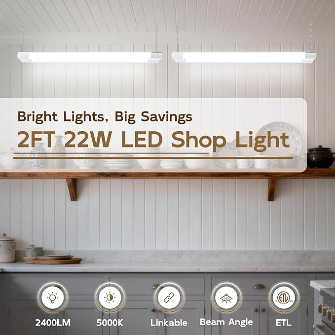 hykolity 2 Pack LED Shop Light, 2FT 22W [200W Equivalent], 2400lm, 5000K Daylight, with Plug,Linkable Led Garage Ceiling Lights, Workshop,Hanging or Surface Mount, White