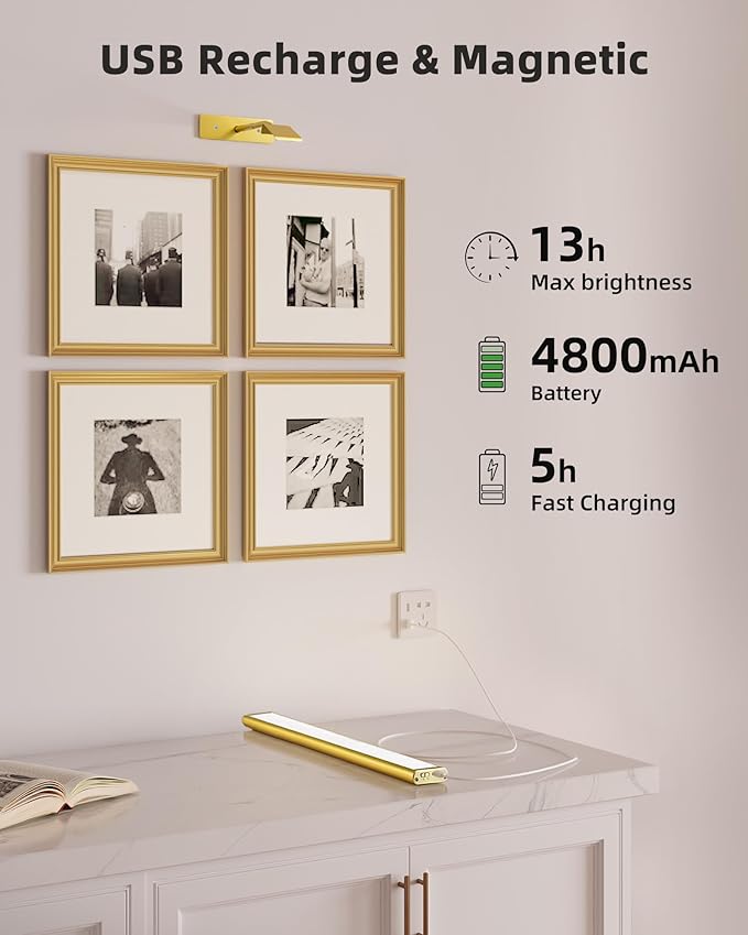EZVALO Picture Light for Wall, 4800mAh Rechargeable Wireless Remote, 13‘’ Dimmable Magnetic LED Art Display Light with 3 Color Temperatures, for Gallery, Living Room, Bedroom, Hallway (Gold-2Pack)