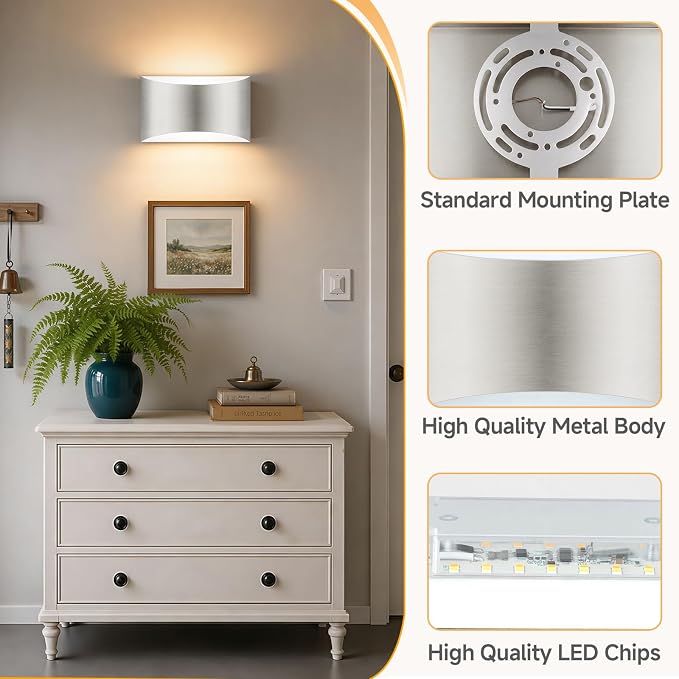 MATAMEYE Modern LED Wall Sconce Set of 2, Brushed Nickel Aluminum Indoor Wall Lighting Fixture, 3 Colors & Timer, Up/Down Dimmable Wall Mount Lamp
