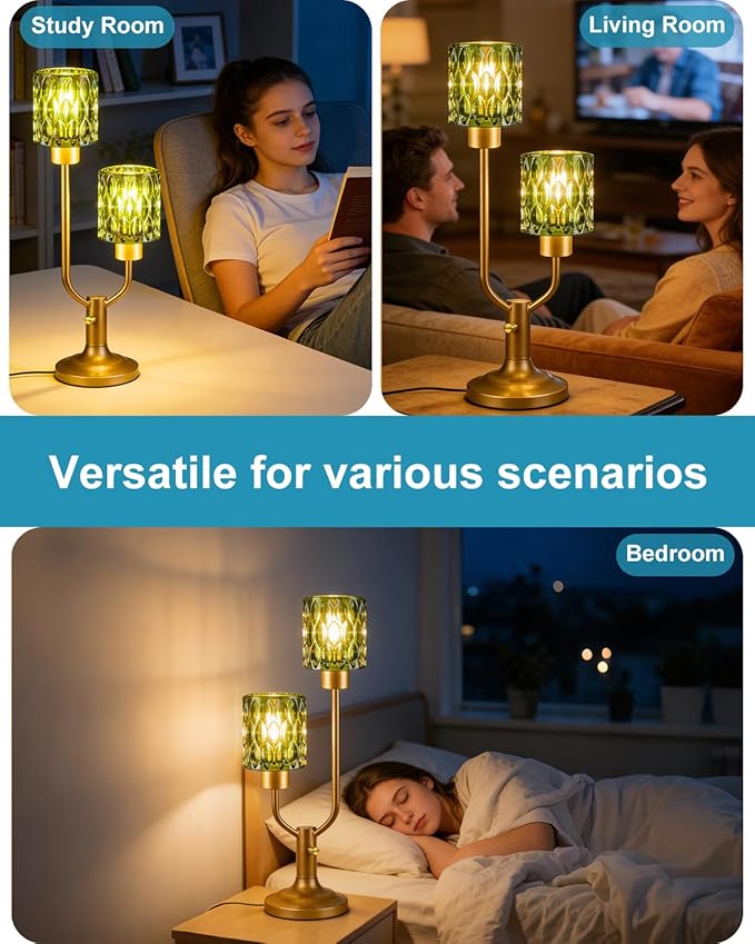 Lightdot Mid Century Modern Green Table Lamp for Bedroom Dimmable Nightstand Lamp Vintage Glass Gold Desk Lamp 2 Bulbs Included Warmwhite Ambient Bedside Lamps for Living Room Home Office Decor Gift