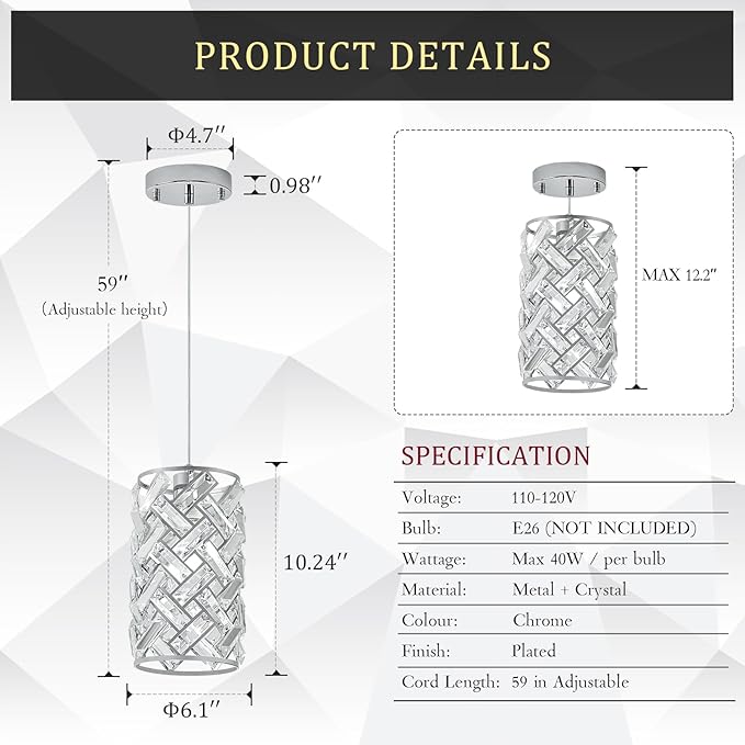 CATINER Modern Chrome Pendant Lighting, Mini Crystal Chandelier, Adjustable Pendant Light Fixture for Kitchen Island, Dining Room, Bedroom