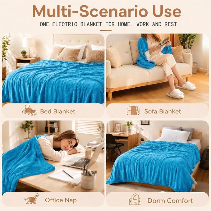 LUXIAN Electric Heated Blanket Full Size 72"x84" Queen Dual-Sided Flannel & Sherpa Fast Heating 9 Heat Settings 1-10H Auto Off ETL Safe Heating Ocean Breeze Blue Bed Sofa Office Winter Gift