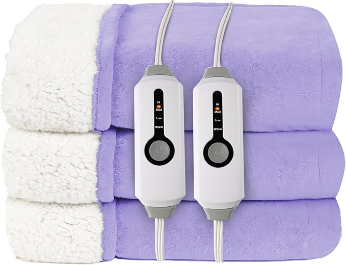 Electric Heated Blanket Queen Size 84"x90", Dual-Sided Coral Fleece & Sherpa Fabric, 4 Heat Settings & 10H Auto Off, Soft Warm for Home Office Bed Couch, Machine Washable, Dual Control, Light Purple