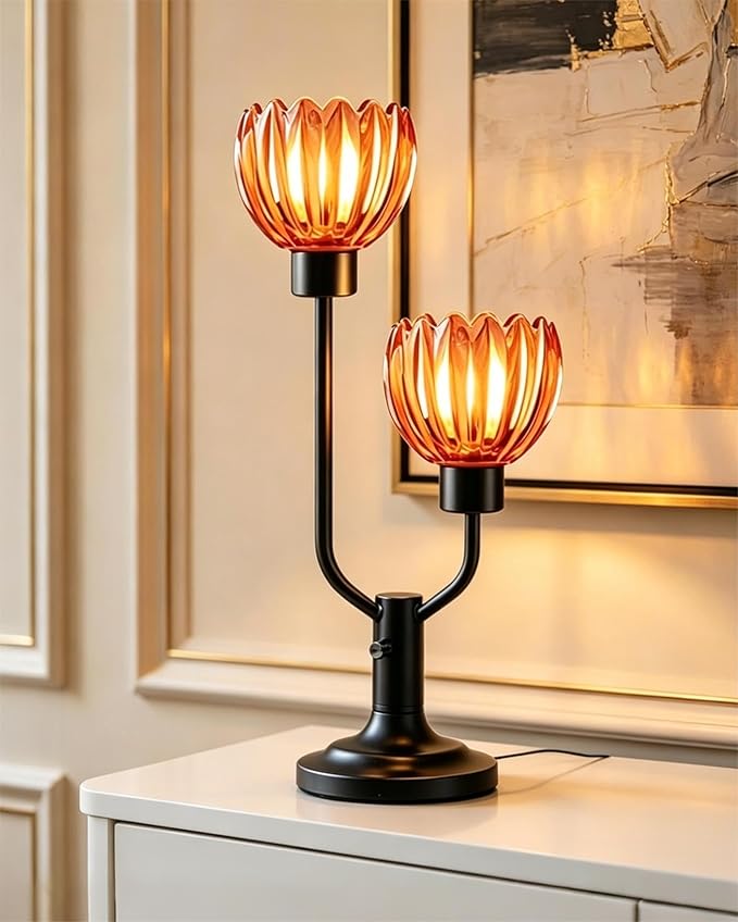 Lightdot Mid Century Modern Flower Table Lamp for Living Room Dimmable Nightstand Lamp Red Glass Vintage Black Desk Lamp 2 Bulbs Included Warmwhite Ambient Bedside Lamps for Bedroom Home Office Decor