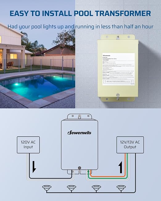 DEWENWILS 300W Low Voltage Pool Light Transformer, 120V AC to 12V/13V/14V AC, Multi-tap Safety Transformer for Pool Lighting, Spa, Underwater Fountain Lights, Outdoor Landscape Lights…