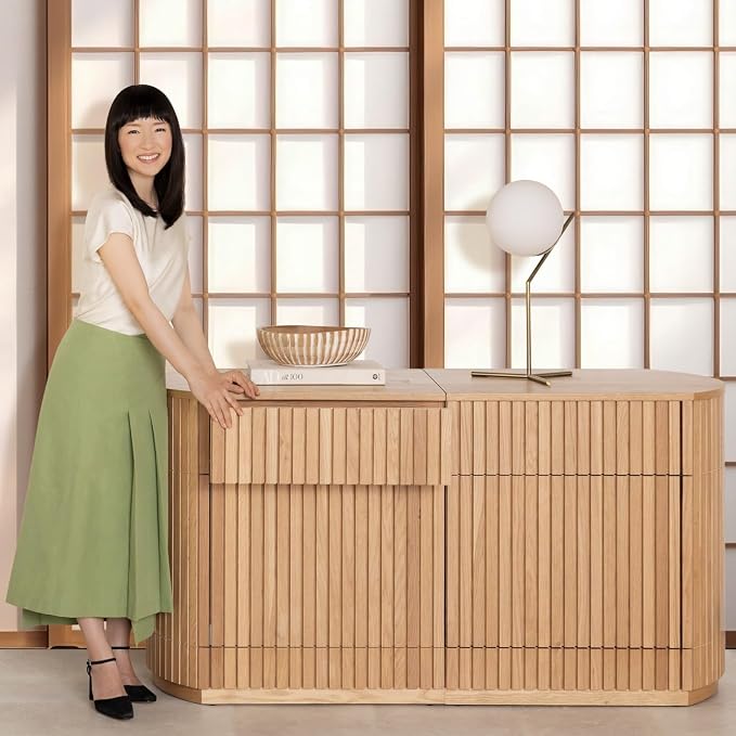 Transformer Table Round Sideboard Buffet Cabinet, Natural | Hidden Drawers, Wood Storage Cabinet, Solid Wood, Integrated Table Panel Storage