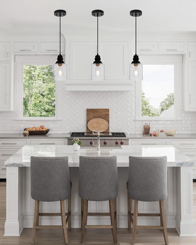 WILON Modern Glass Pendant Lights for Kitchen Island, 6.29" Mini Pandent Light Fixture with Seeded Glass Shade Black Farmhouse Pendant Lights E26 Base Hanging Kitchen Lights for Sink Dining Room