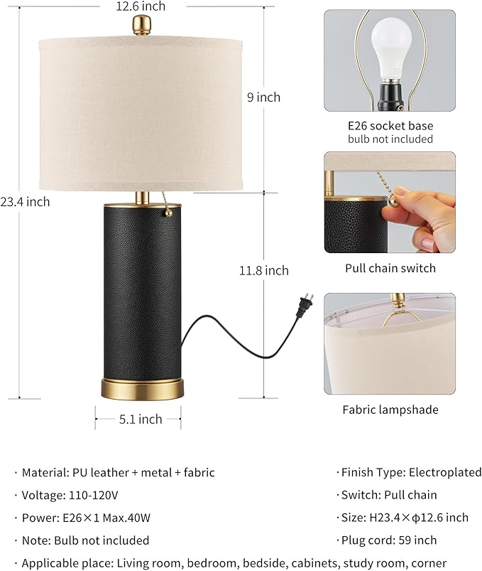 KDG 23.4" Black PU Leather Table Lamps for Living Room Set of 2, E26 Socket LED Modern Home Decor Fabric Lampshade Desk Lamp Lighitng for Bedroom, Bedside, Farmhouse, Nightstand, Night Light