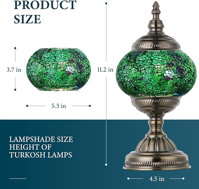 Marrakech Morrocan Mosaic Table Lamps with Vintage Style, Handmade Turkish Lamp with Bronze Base Including LED Bulb for Living Room Bedroom Decor (Shard Green)