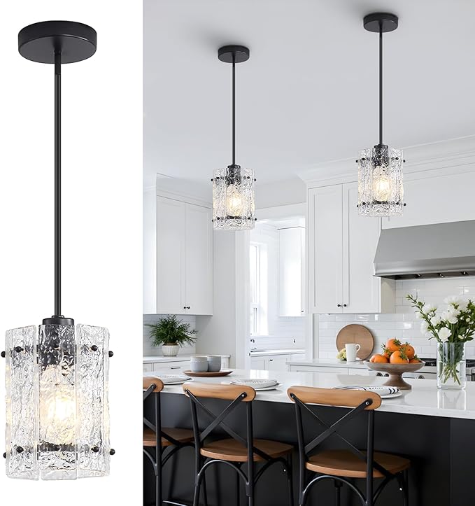 Black Glass Pendant Lights Kitchen Island, Water Ripple Round Pendant Lights Adjustable Modern Hanging Pendant Light Fixtures for Kitchen Island Dining Room Above Sink Foyer Entryway 1 Pack