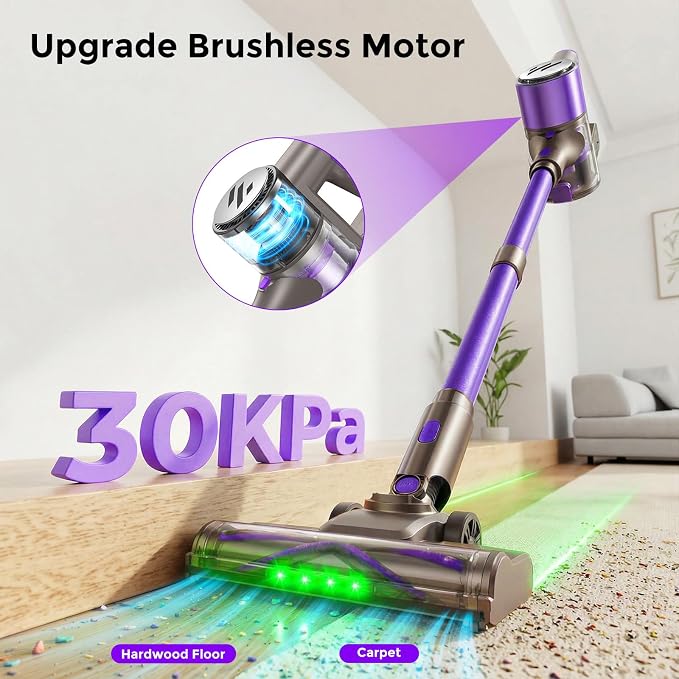 WLOTPO Vacuum Cleaners for Home,Cordless Vacuum Cleaner,Lightweight Stick Vacuum Cordless Rechargeable,Self-Standing Design,LED Touch Screen,Vacuum for Hardwood Floors,Carpet,Pet Hair(Blue Purple)