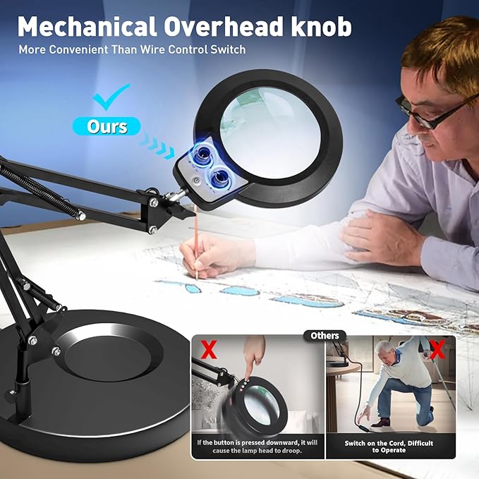 KIRKAS 12X Magnifying Glass with Light and Stand, Overhead Knob Magnifying Lamp for Workbench Craft, Sewing, 2-in-1 Lighted Magnifier Real Glass Lens Stepless Dimming and Color(9.06IN Base & Clamp)