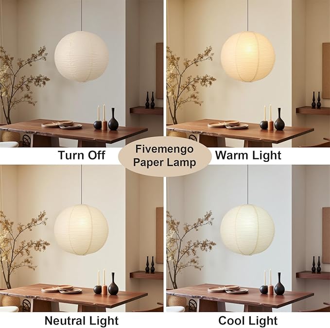 Large Paper Pendant Light with Cord and Canopy, 23.6in Off-White Rice Paper Hanging Lamp, Japanese Japandi Wabi Sabi Lantern Lamp Chandelier for Living Dining Room Bedroom Kitchen 1 Pack