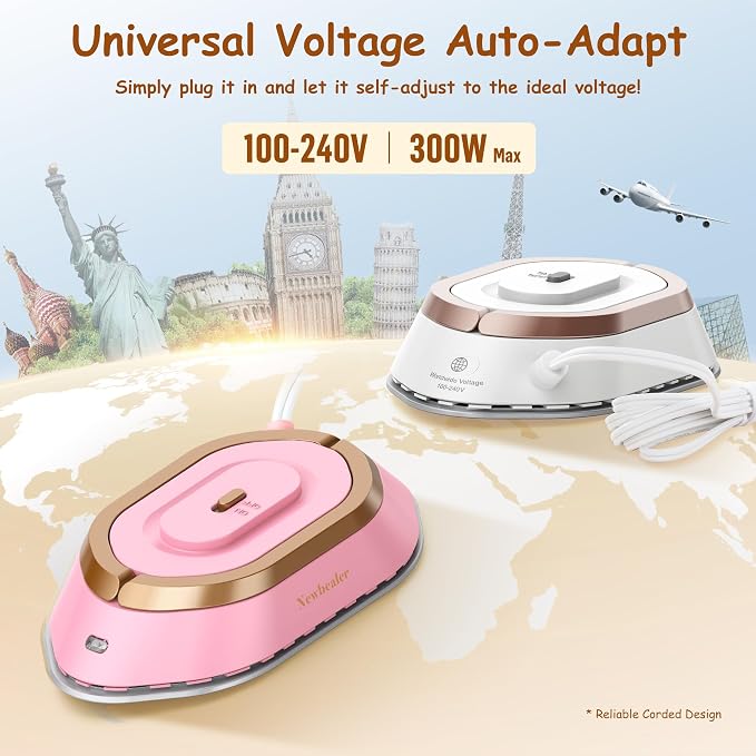 Newbealer Travel Iron Set, 100-240V Mini Dry Iron for Clothes (No Steam) | Max 300W, Heats in 60s, 302℉ Ceramic Soleplate, Handy Heat Press, 0.8lbs Lightweight for Quick Touch-ups, Gold with Hard Case