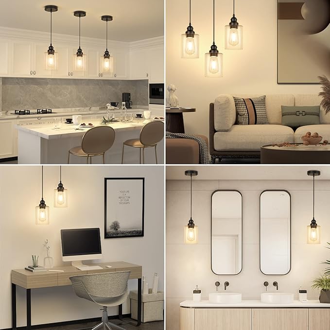 Licperron 2 Pack Modern Black Pendant Lighting, Clear Glass Shade Pendant Lights Kitchen Island, Hanging Ceiling Light Fixture, Farmhouse Pendant Lighting for Dining Room Bedroom Bar Office