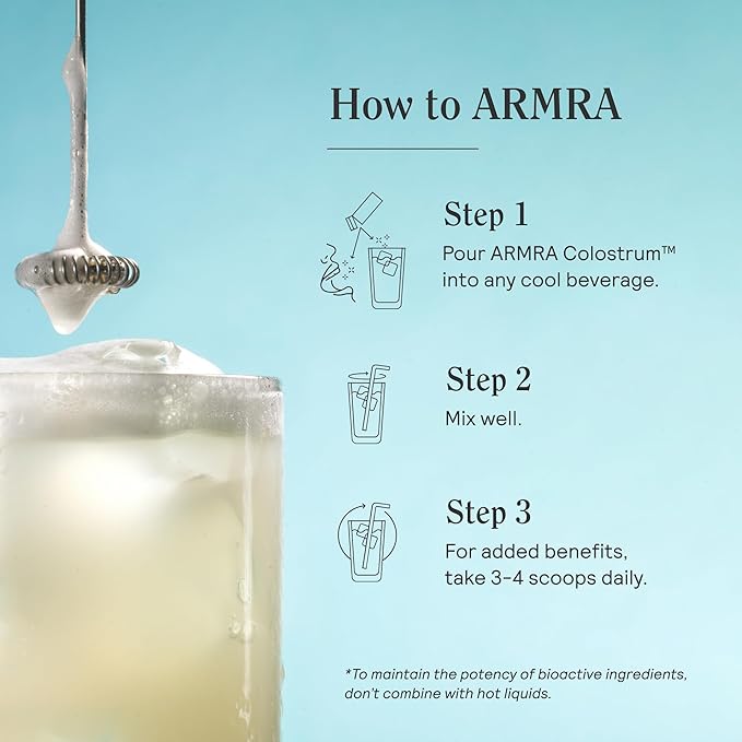 ARMRA Colostrum en poudre | Sans arôme | Santé intestinale et ballonnements | Peau et cheveux | Immunité | Céto, sans gluten et sans matières grasses | 30 portions