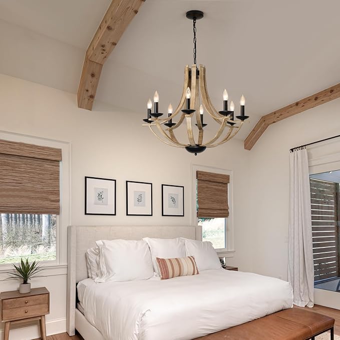 LAMPKEDUO Farmhouse Chandeliers for Dining Room Light Fixture, 8-Light 28" Adjustable Height Retro Faux Wood Texture Rustic Light Fixtures for Living Room Bedroom Kitchen Island Foyer Entryway
