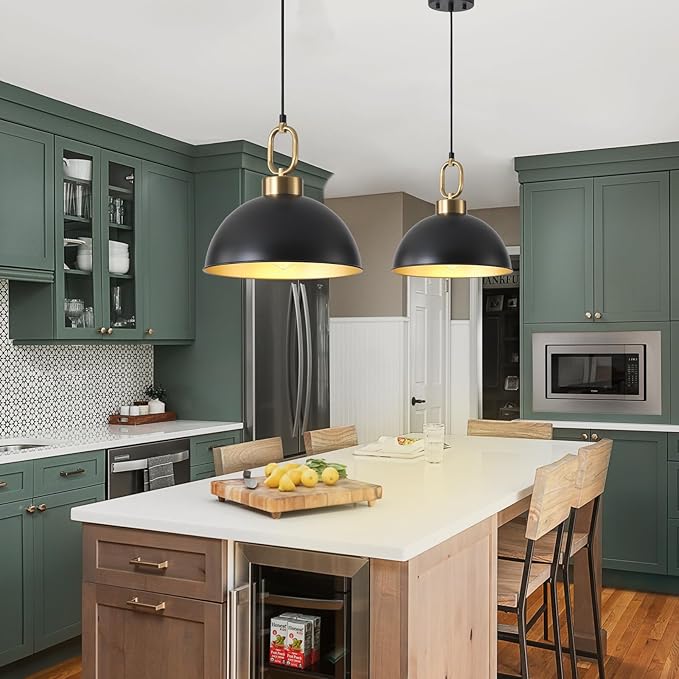 12.2 Inch Matte Black Pendant Lights Kitchen Island, Farmhose Kitchen Island Lighting, Adjustable Height Modern Dome Pendant Light Fixture for Dining Living Room Bar 2 Pack