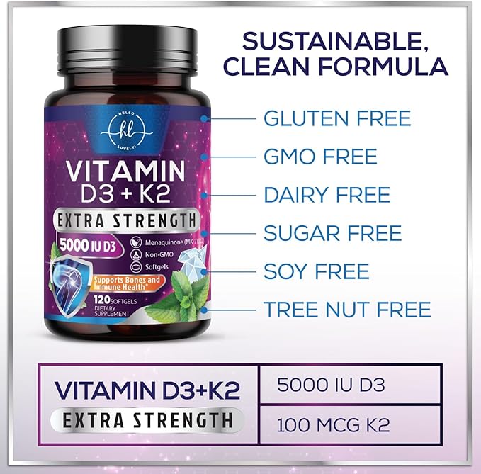 Vitamin D3 K2 5000 IU Plus with K2 (MK-7) 100 mcg - Vitamins D & K Complex Supplement for Bone, Teeth, Muscle, Calcium Absorption, Supports Immune & Heart Health, Non-GMO, Oil Formula - 120 Softgels
