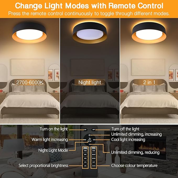 Bargeni Flush Mount Ceiling Light with Remote & Night Light, Black Gold | 12.5" 24W dimmable LED ceiling light with 5CCT (2700K-6000K), ideal for bedroom, living room and kitchen