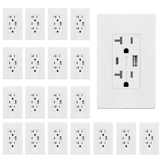 TOPGREENER USB Outlet, 4.2A Type C & Type A USB Wall Outlet, 20 Amp Tamper-Resistant USB Outlets Receptacles, Wall Plate Included, UL Listed, TU22036AC-WWP-20PCS, White, 20 Pack