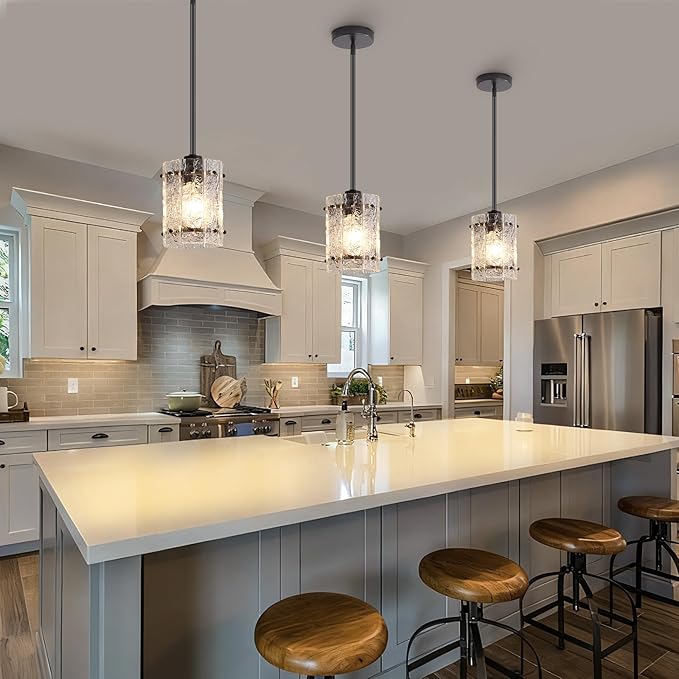 Black Glass Pendant Lights Kitchen Island, Water Ripple Round Pendant Lights Adjustable Modern Hanging Pendant Light Fixtures for Kitchen Island Dining Room Above Sink Foyer Entryway 1 Pack