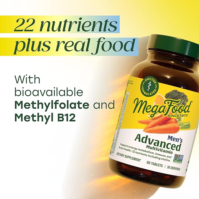 MegaFood Men's Advanced Multivitamin for Men - Doctor -Formulated - Choline, Vitamin B12, Vitamin D, Vitamin C & Zinc - Brain Health & Immune Support - Non-GMO - Vegetarian - 60 Tabs (30 Servings)