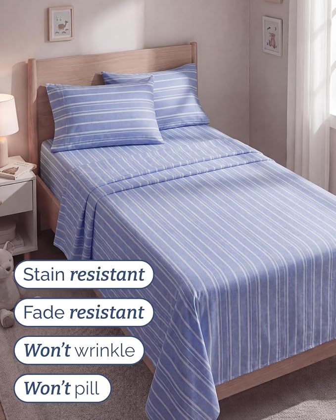 Twin 4 Piece Sheet Set - Comfy Breathable & Cooling - Soft Hotel Luxury Bedding Set with 8-16 Inch Deep Pockets - 1 Flat & 1 Fitted Sheet & 2 Pillowcases - Wrinkle Free & Easy Care - Blue Stripes 3