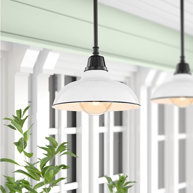 JONATHAN Y 12.25" White/Black 1-Light Farmhouse Indoor/Outdoor LED Pendant Iron Hanging Light, and Black Metal Shade, Rustic Ceiling Lamp for Kitchen Island, LED Bulb Included JYL7611A