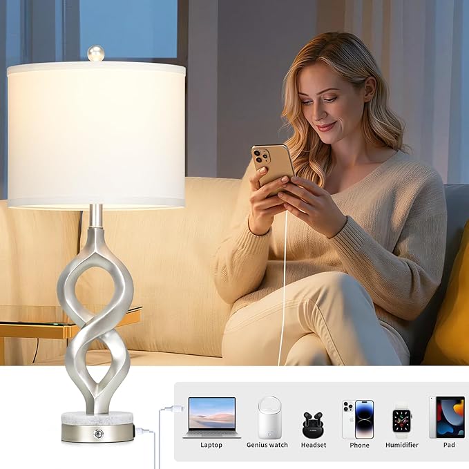 Cinyirong Silver Table Lamps Set of 2 for Living Room, 30" Tall Touch Control Bedside Lamps for Bedroom Nightstand, 3-Way Dimmable Modern Sculptural Table Lamp with USB A+C Ports and 2 LED Bulbs