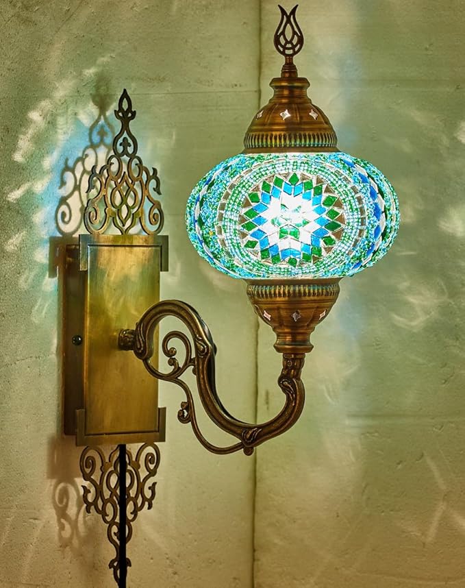 Turkish Moroccan Mosaic Plug-in Wall Sconce Lamp, Handmade Tiffany-Style Glass Globe, Ornate Brass Base, 5.2-ft Cord, Decorative Lighting for Living Room, Bedroom, Dining Room, 15x5", Teal-Turquoise