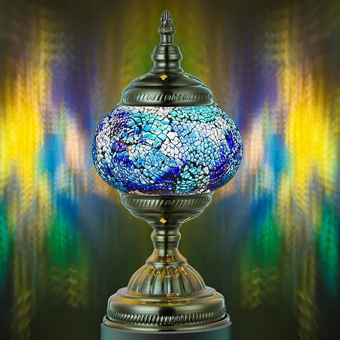 Marrakech Vintage Morrocan Lamp with Tiffany Style, Handmade Turkish Table Lamp with Bronze Base Including LED Bulb for Living Room Bedroom Decor (Shard Blue)