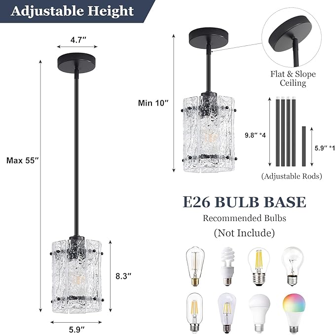 Black Glass Pendant Lights Kitchen Island, Water Ripple Round Pendant Lights Adjustable Modern Hanging Pendant Light Fixtures for Kitchen Island Dining Room Above Sink Foyer Entryway 1 Pack