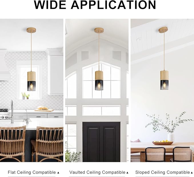 Gold Pendant Light Fixtures, Adjustable Modern Black Pendant Lights for Kitchen Island, Industrial Glass Pendant Lights for Dining Table Hallway Bedroom Living Room,1 Pack