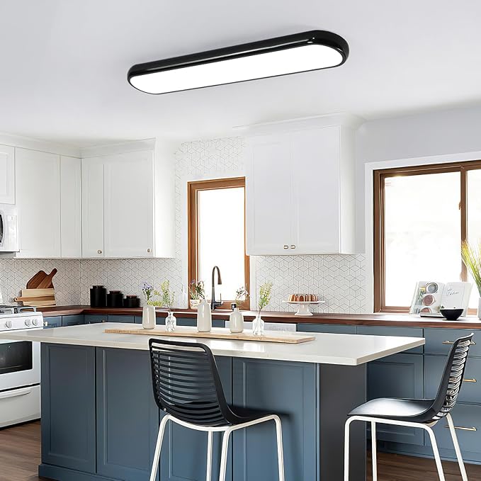 Qcyuui Modern LED Ceiling Light,Dimmable Semi Flush Mount Ceiling Light,39.4 in Long Ceiling Light Fixture,Kitchen Lighting Fixtures Ceiling for Office Bedroom Hallway(Black/48W/3000-6500K)