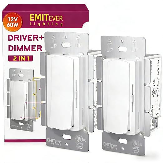 Dimmer Light Switch & 12V 60W Dimmable LED Driver 2 in 1, 2PK Single-Pole or 3-Way Slide Dimmer Switches for Led Strip Lights,120VAC to 12VDC Power Supply for Low Voltage Project, UL Listed