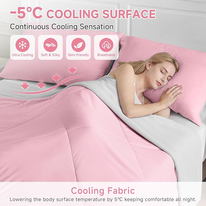 HOMFINE Cooling Comforter for Hot Sleepers - Both Sides Q-Max>0.45 Arc-Chill Cooling Fiber for All-Season, Breathable Soft Keep Cool Summer Blanket for Bed Couch Sofa, Pink, King