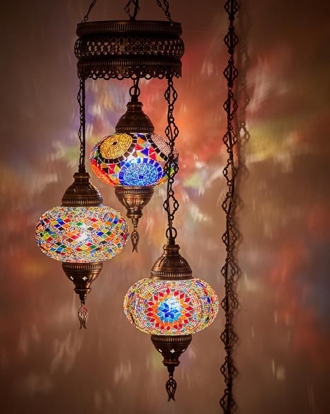 DEMMEX Plug-in Turkish Hanging Lamp, Handmade Moroccan Mosaic Chandelier Pendant Light Fixture with 15-ft Cord & Chain, Decorative Ceiling Lamp for Living Room, Bedroom, 3 Large 7'' Globes, 3.5 ft.