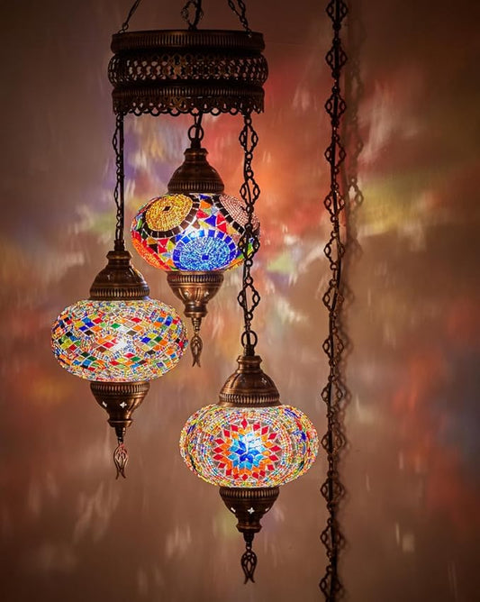 DEMMEX Plug-in Turkish Hanging Lamp, Handmade Moroccan Mosaic Chandelier Pendant Light Fixture with 15-ft Cord & Chain, Decorative Ceiling Lamp for Living Room, Bedroom, 3 Large 7'' Globes, 3.5 ft.