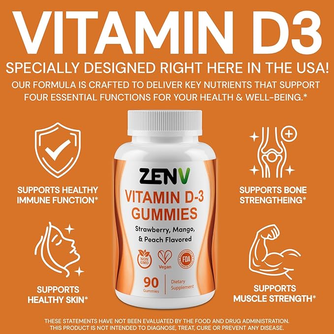ZENV Vitamin D3 Gummies, Immune & Bone Support Dietary Supplement, Mixed Berry Mango & Peach Flavor, Non-GMO, Gluten Free, 90 Count