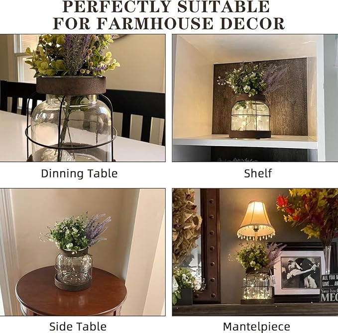 Vintage Glass Farmhouse Vase, Rustic Lantern Decor with Plants Lavenders Lights Vintage Style Vase for Home Decor Floral Arrangement Housewarming Hostess Gift