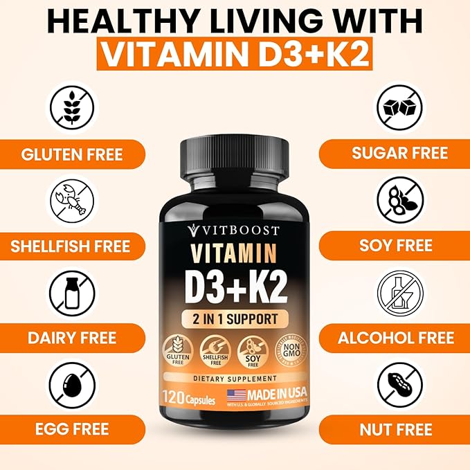 VITBOOST Complexe Vitamine D3 K2 - Facile à avaler - Vitamine D (D3) 5000 UI (125 mcg) & K2 (MK-7) 90 mcg | Sans OGM | Sans Gluten | Fabriqué aux États-Unis | 120 Gélules