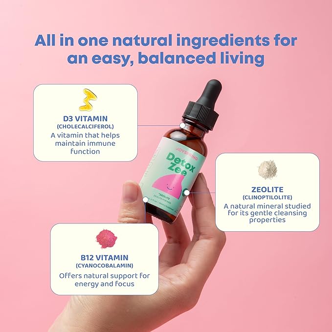 JoySpring DetoxZee Gouttes de zéolite pour enfants – Complément minéral de clinoptilolite avec vitamine D3 et cyanocobalamine B12 – Vitamines liquides pour enfants, saveur de baies douces, fabriqué aux États-Unis, 30 portions
