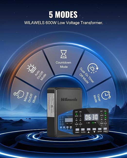 600W Low Voltage Landscape Transformer, 2 Zone Independent Control Landscape Lighting Transformer, 120VAC to 12/14V AC Low Voltage Transformer with Timer & Photocell Sensor ETL Listed D25LT06