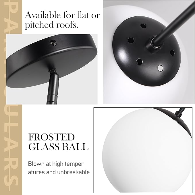 Bagood 14" Globe Pendant Light 3-Light Black Milk Glass Pendant Light Mid Century Modern Light Fixture Globe Pendant Lights Kitchen Island Matte Black Finished with Milk Glass Lampshade for Bedroom