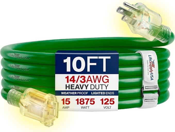 10ft Outdoor/Indoor Extension Cord 14/3 Gauge Heavy Duty 3 Prong SJTW, Waterproof, Flexible Cold-Resistant Long Power Cord,15A 125V 1875W, Green by LifeSupplyUSA