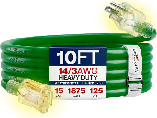 10ft Outdoor/Indoor Extension Cord 14/3 Gauge Heavy Duty 3 Prong SJTW, Waterproof, Flexible Cold-Resistant Long Power Cord,15A 125V 1875W, Green by LifeSupplyUSA
