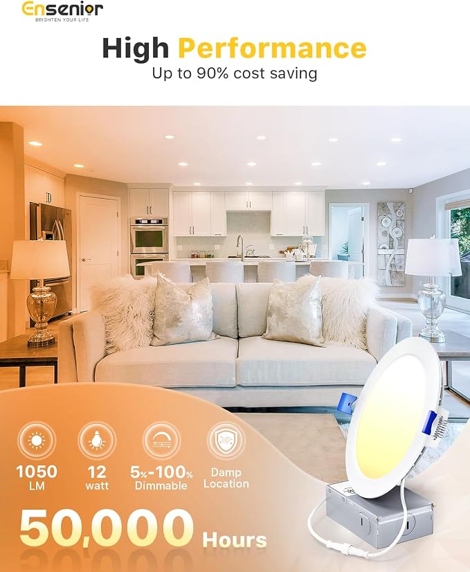 Ensenior 12 Pack 6 Inch LED Recessed Light, Dimmable, 3000K-5000K 3CCT, 1200LM High Brightness, 12W 120V, 3 Pin, ERL-12X-ETL, Damp Rated, Ultra-Thin Canless Wafer Ceiling Light - ETL & FCC & IC