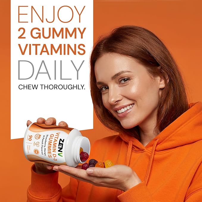 ZENV Vitamin D3 Gummies, Immune & Bone Support Dietary Supplement, Mixed Berry Mango & Peach Flavor, Non-GMO, Gluten Free, 90 Count